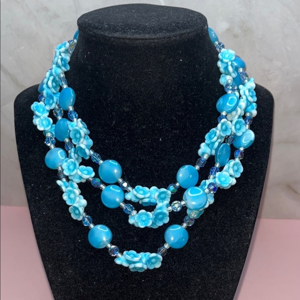 3 Strand 1950's Blue Milk Glass Flower w/Aroura Borealis Beads